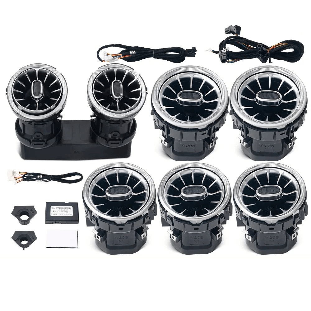 Ambient belysning til luftdyser – Mercedes A/CLA/C/E/GLC 15-25, inklusiv dyser og installationskomponenter.