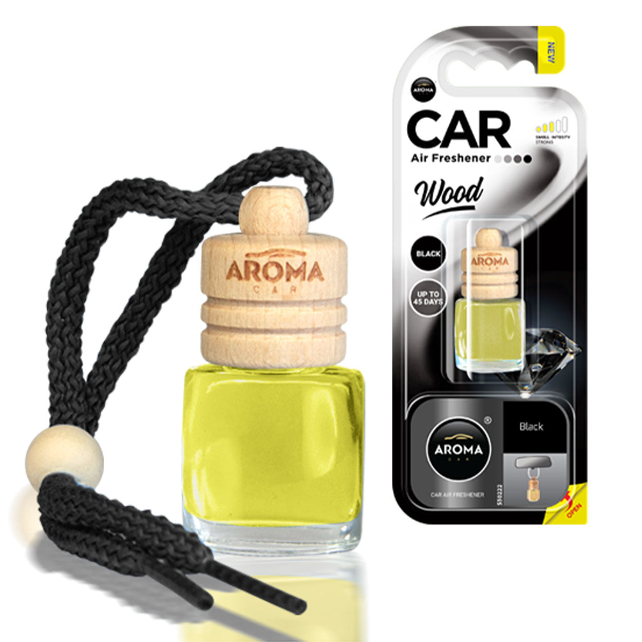 Aroma Wood Black osviežovač vzduchu do auta so sklenenou fľaštičkou a dreveným uzáverom