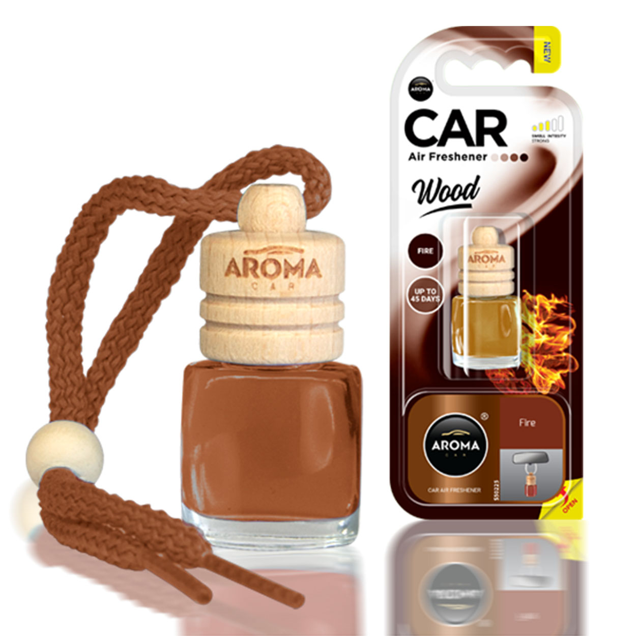Osviežovač vzduchu do auta Aroma Wood Fire so sklenenou fľaštičkou a dreveným uzáverom