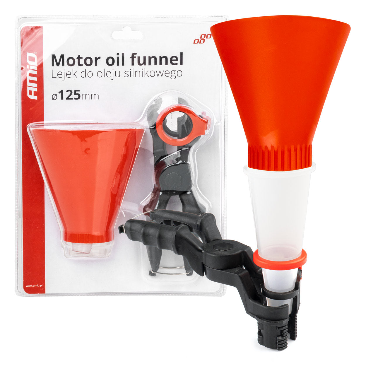 Motorolie-tragt med holder og transparent underkammer
