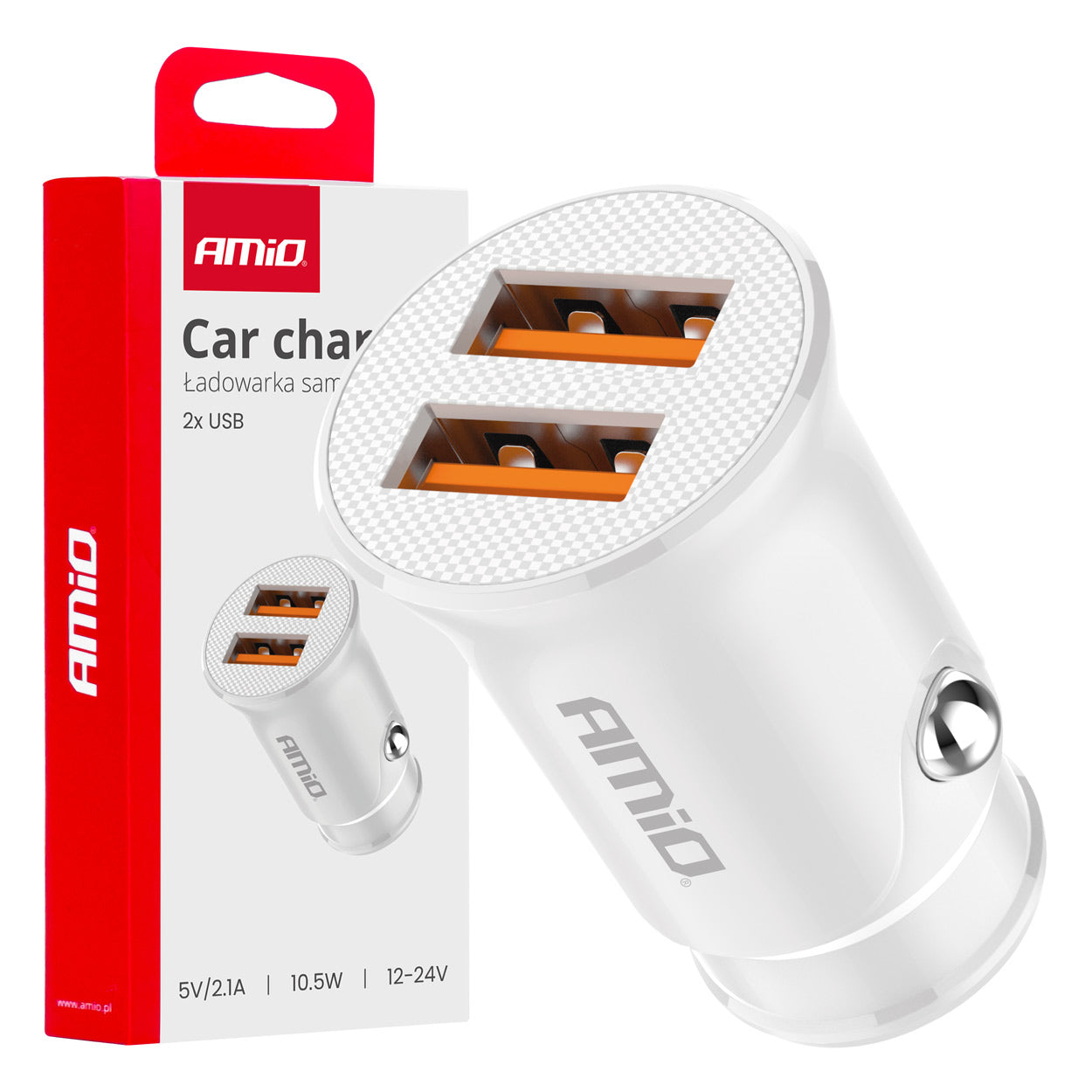 Hvid USB-biloplader med to USB-A-porte