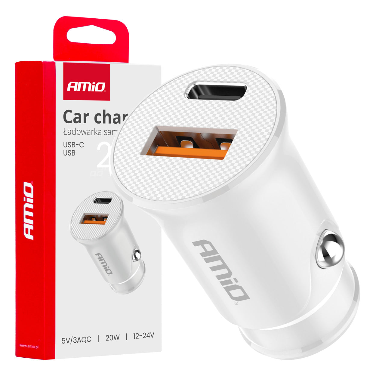 Hvid USB-billader til bil med USB-A- og USB-C-port