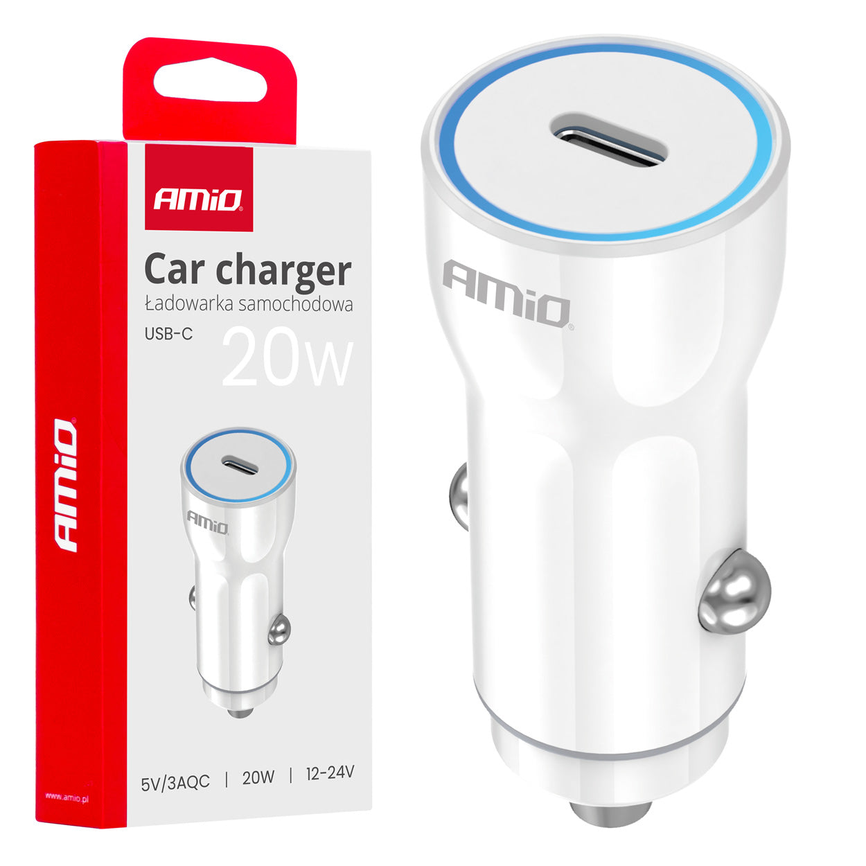 Hvid USB-C-billader på 20 W til 12-24 V