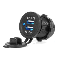 Vandtæt USB-oplader med to USB-udgange og blå LED-indikator