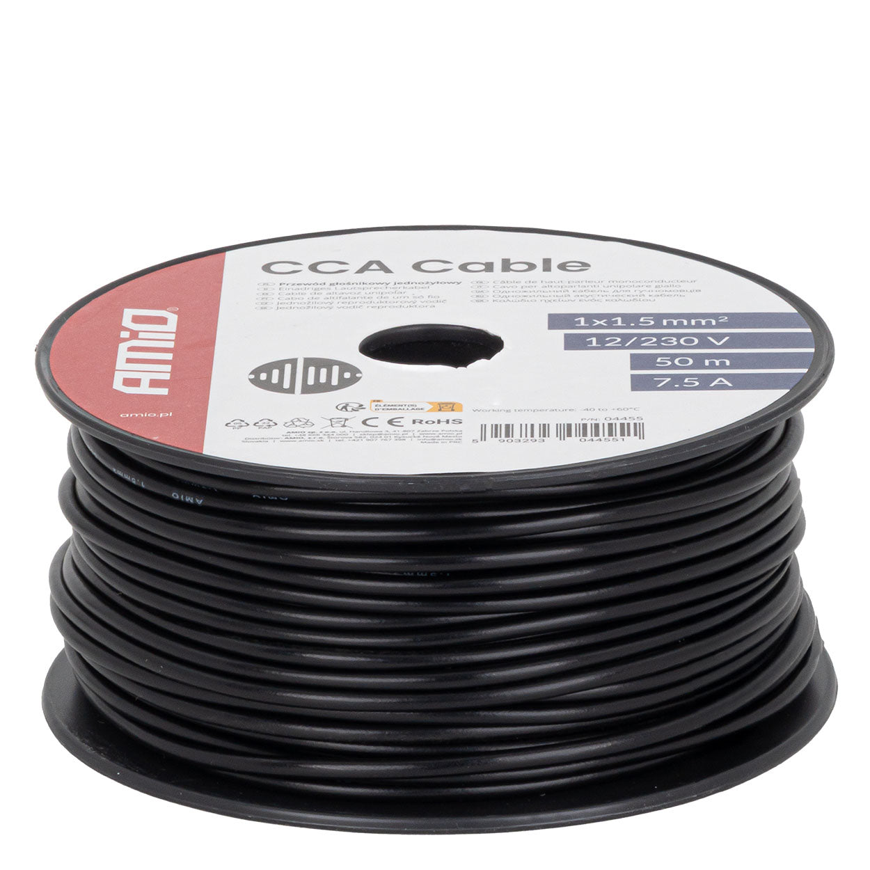Sort CCA installationskabel 1 x 1,5 mm² på 50 meter rulle