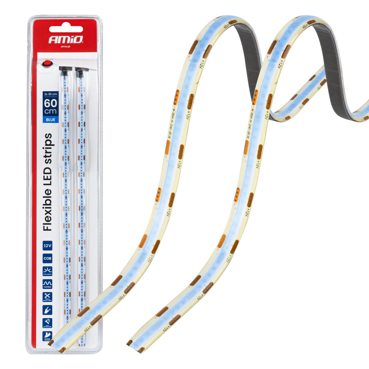 To fleksible blå LED COB-strips på 30 cm