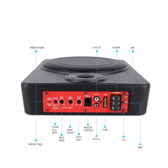 10” slim aktívny subwoofer do auta – 600 W pod sedadlo, zobrazenie pripojení a ovládacích prvkov na zadnej strane.