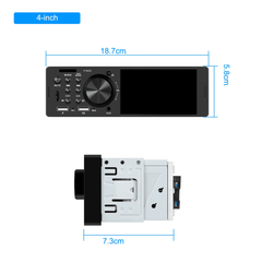 Universel - 4" 1-din radio m. Apple Carplay og Android Auto (kablet) med mål og tilslutninger.