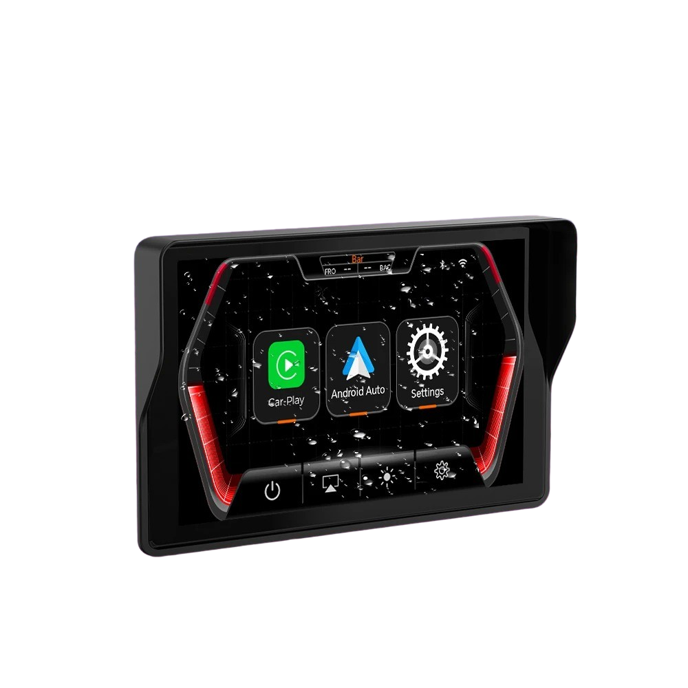 5” CarPlay til Motorcykel – Trådløs Apple CarPlay & Android Auto (IP67) med klart display og app-ikoner.