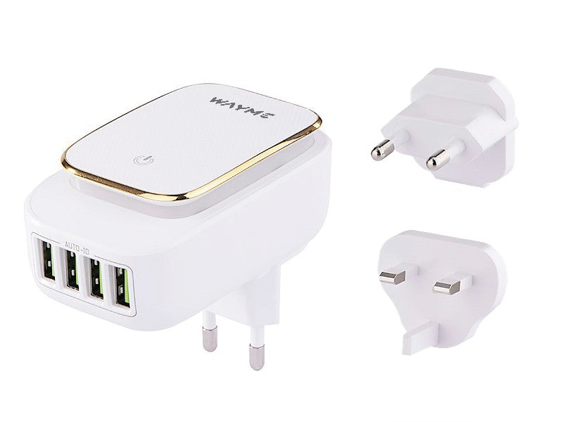 Cestovná nabíjačka WAYME so 4 USB-A, LED osvetlením a zástrčkami pre EÚ, UK a USA