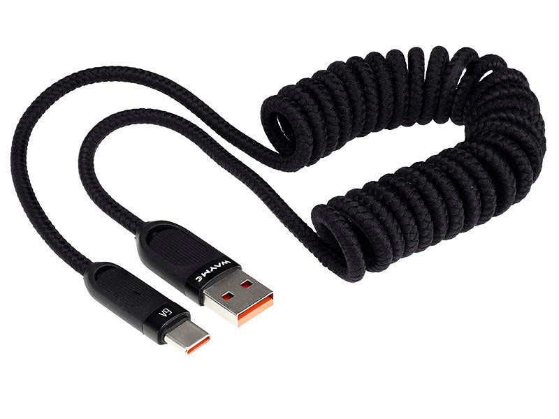 WAYME USB-C nabíjací kábel so špirálovým dizajnom v čiernej farbe, 50–180 cm