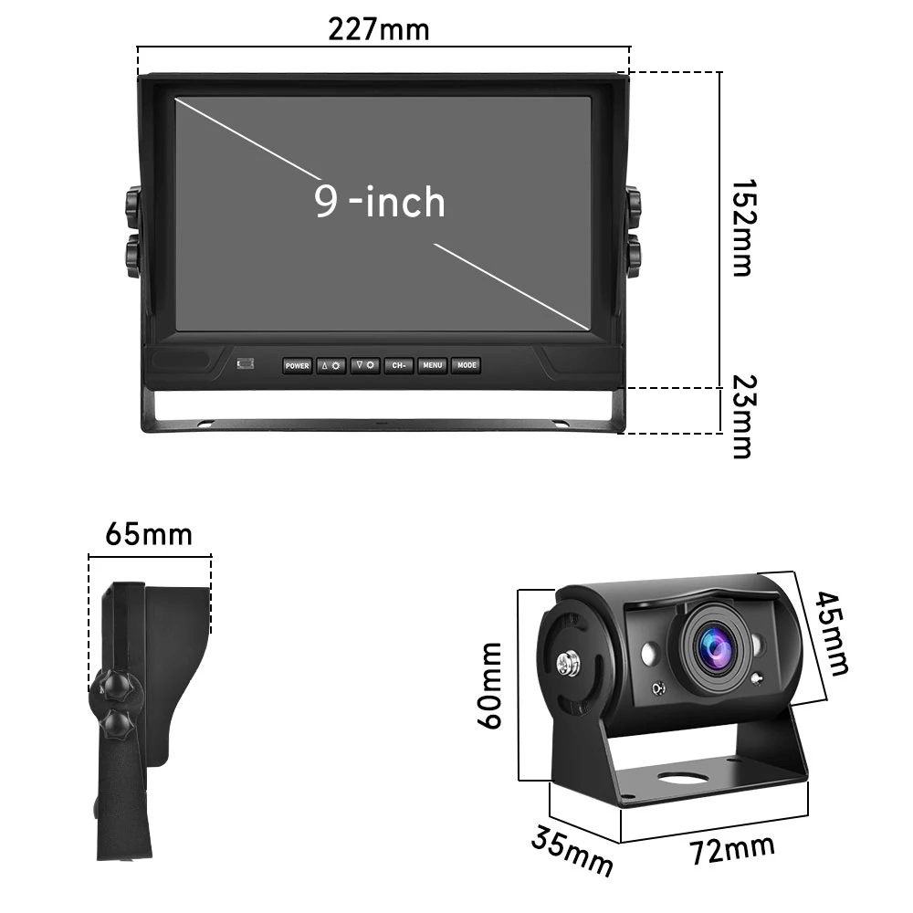 Diagram of Bakkamerasystem med 9" Skærm og 4 Kameraer, featuring a 9-inch display and camera dimensions.
