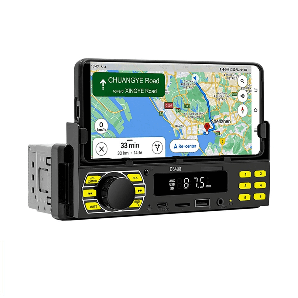 Univerzálne 1-DIN autorádio s držiakom na telefón, USB-C a Bluetooth 5.1 s GPS navigáciou v telefóne.