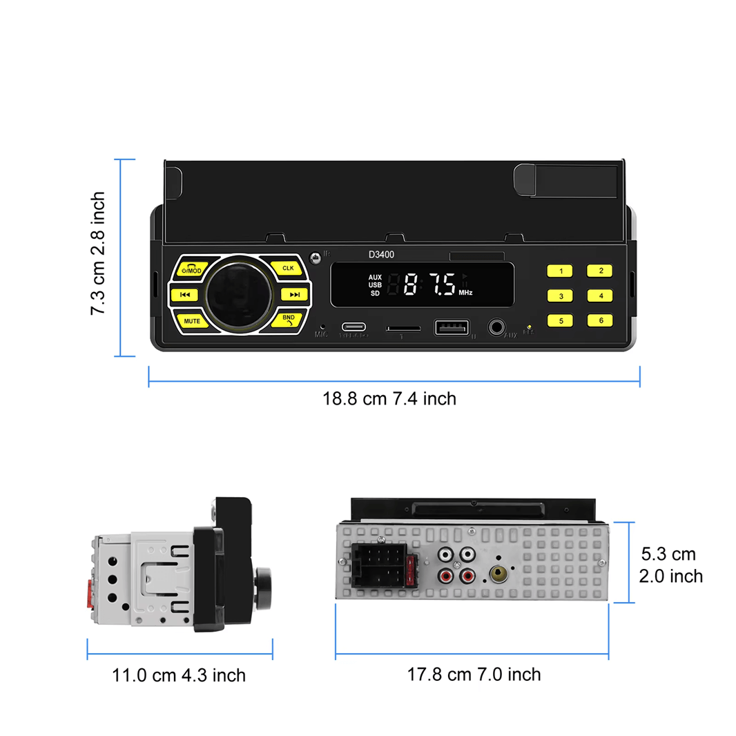 Univerzálne 1-DIN autorádio s držiakom na telefón, USB-C a Bluetooth 5.1 s digitálnym displejom a portmi.