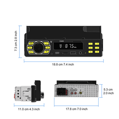 Univerzálne 1-DIN autorádio s držiakom na telefón, USB-C a Bluetooth 5.1 s digitálnym displejom a portmi.