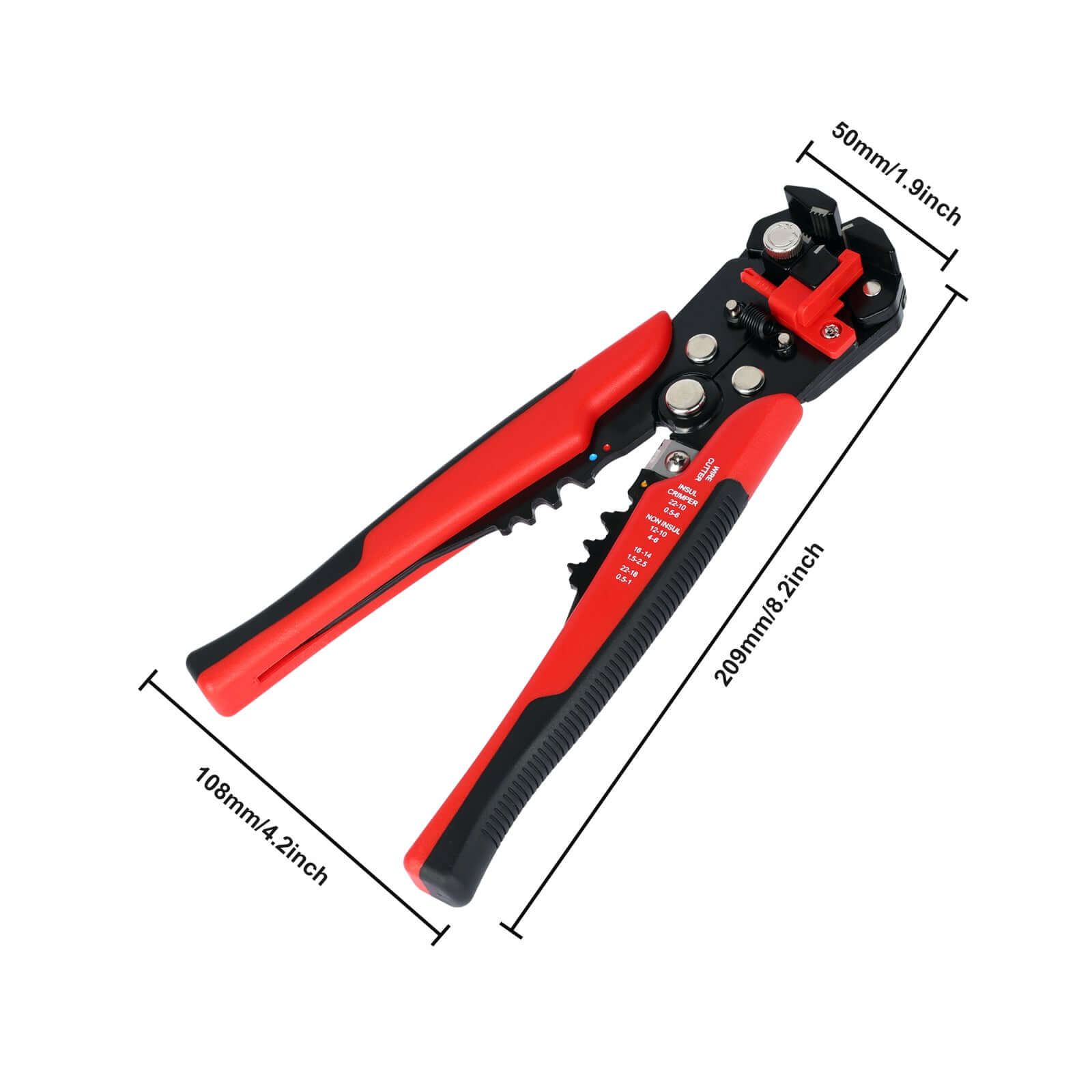 Detailný obrázok automatických odizolovacích a krimpovacích klieští s rozmermi 50 mm x 108 mm x 200 mm.