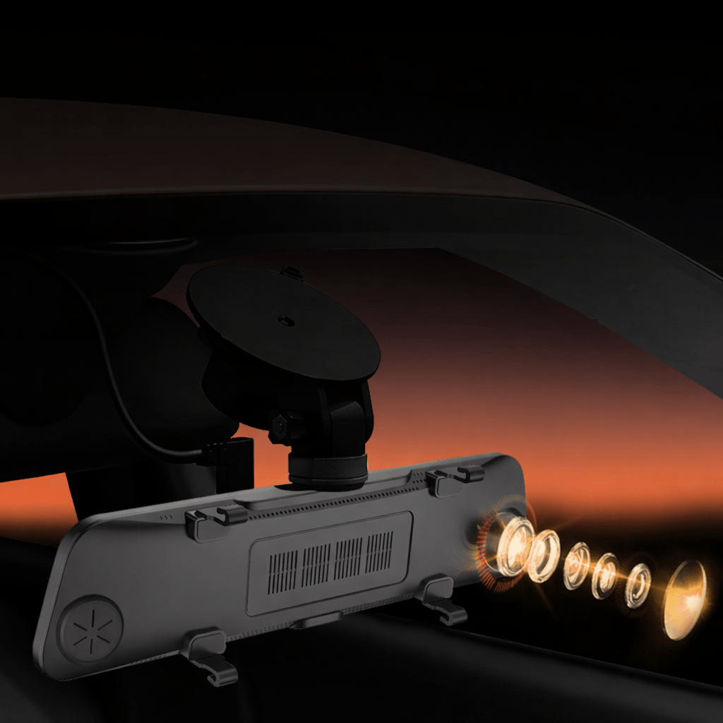 Spätné zrkadlo Dashcam s prednou a zadnou kamerou – 10” IPS dotykový displej, Full HD 1080P pohľad zozadu s detailmi objektívu.