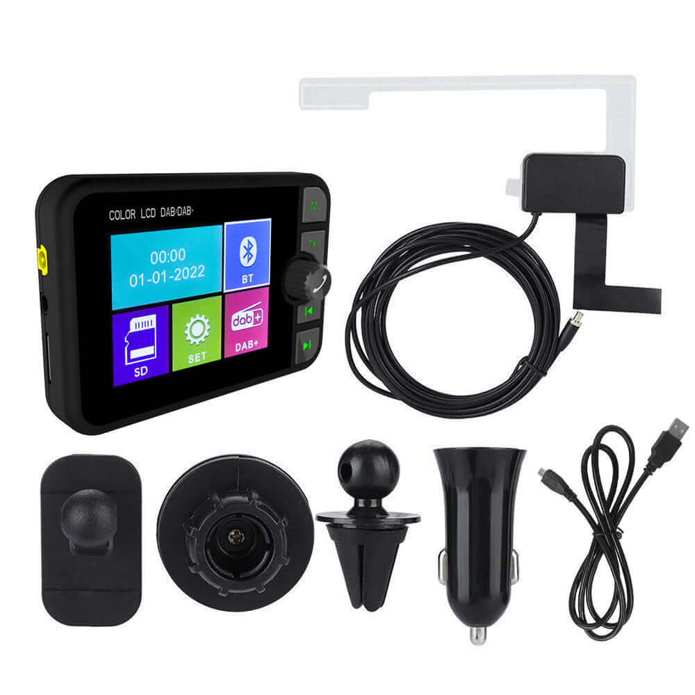 DAB+ adaptér s 2,4" farebným LCD displejom, Bluetooth, FM transmiterom a AUX – digitálne autorádio do auta s príslušenstvom.