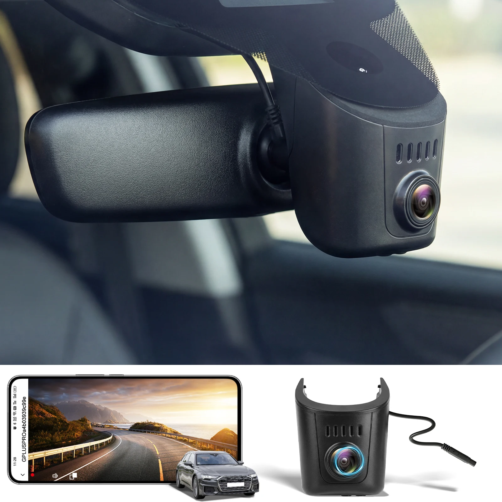 Audi dashcam 4K v OEM štýle namontovaná pri spätnom zrkadle v interiéri vozidla so zobrazením v smartfóne.