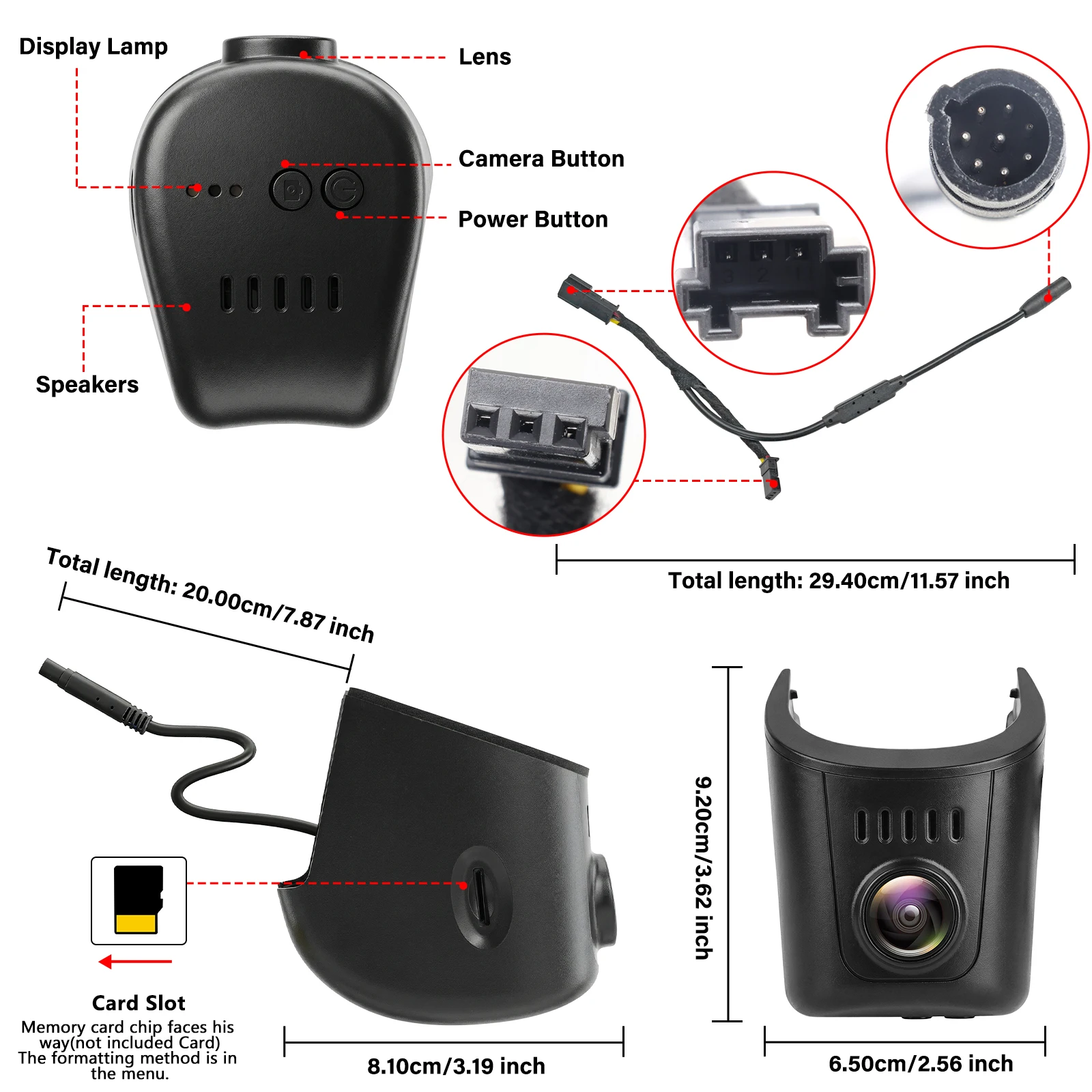 Detailný pohľad na Audi dashcam 4K v OEM štýle, zobrazujúci prvky ako objektív, tlačidlá a slot na kartu.