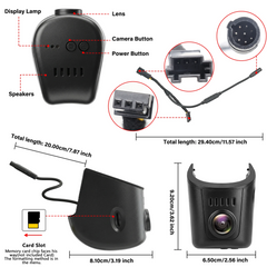 Detailný pohľad na Audi dashcam 4K v OEM štýle, zobrazujúci prvky ako objektív, tlačidlá a slot na kartu.