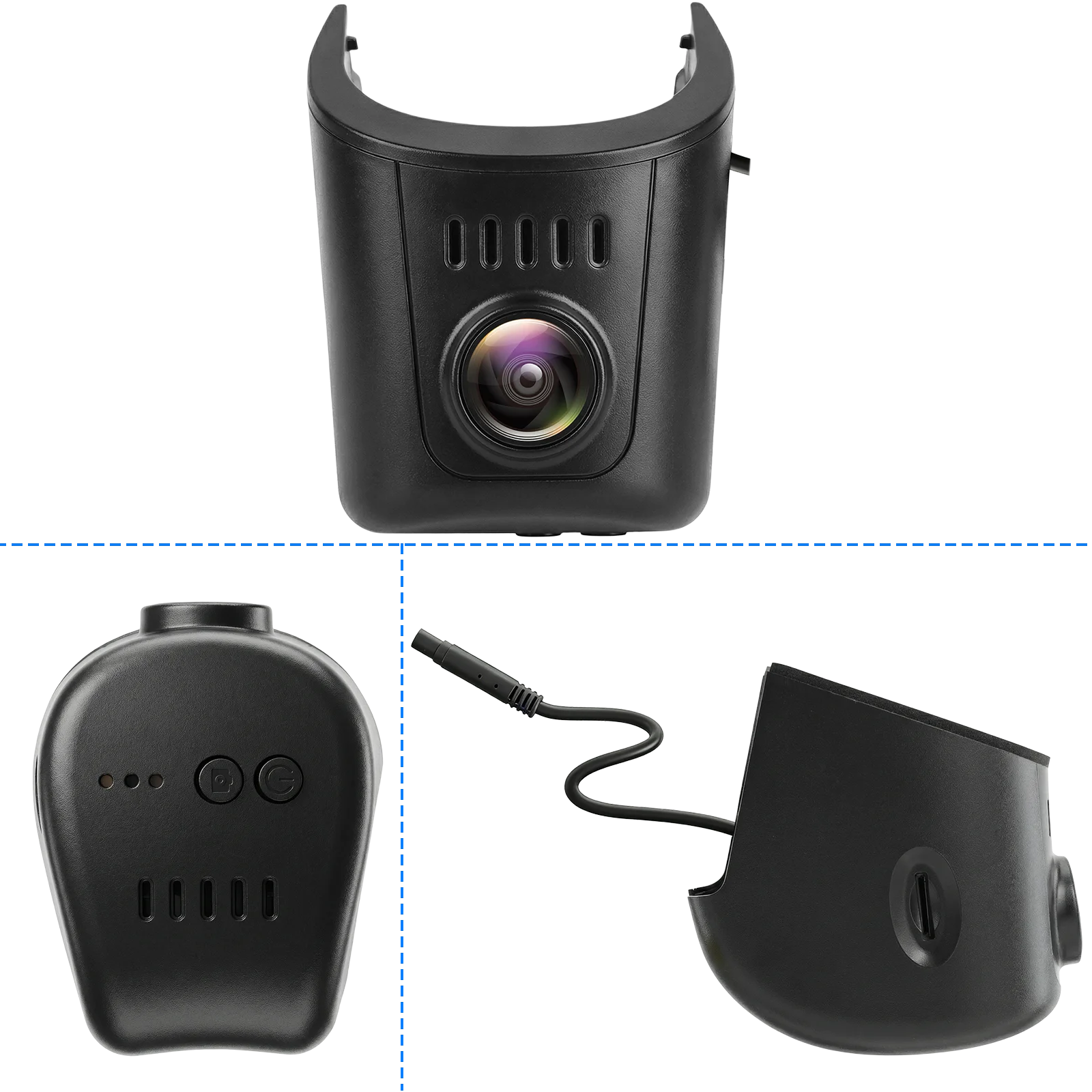 Audi dashcam 4K v OEM štýle – pohľad spredu a zboku, ktorý ukazuje elegantný dizajn a integrovaný objektív pre nenápadnú montáž.