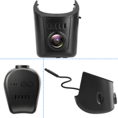Audi dashcam 4K v OEM štýle – pohľad spredu a zboku, ktorý ukazuje elegantný dizajn a integrovaný objektív pre nenápadnú montáž.
