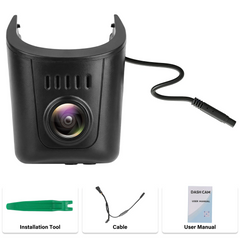 Audi dashcam 4K v OEM štýle s pribaleným montážnym nástrojom, káblom a používateľskou príručkou.