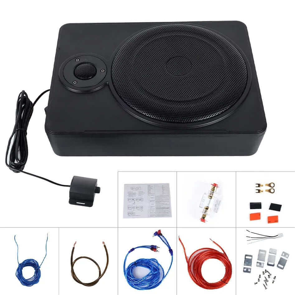 10” slim aktívny subwoofer do auta – 600 W pod sedadlo s kompaktným dizajnom a príslušenstvom na montáž.