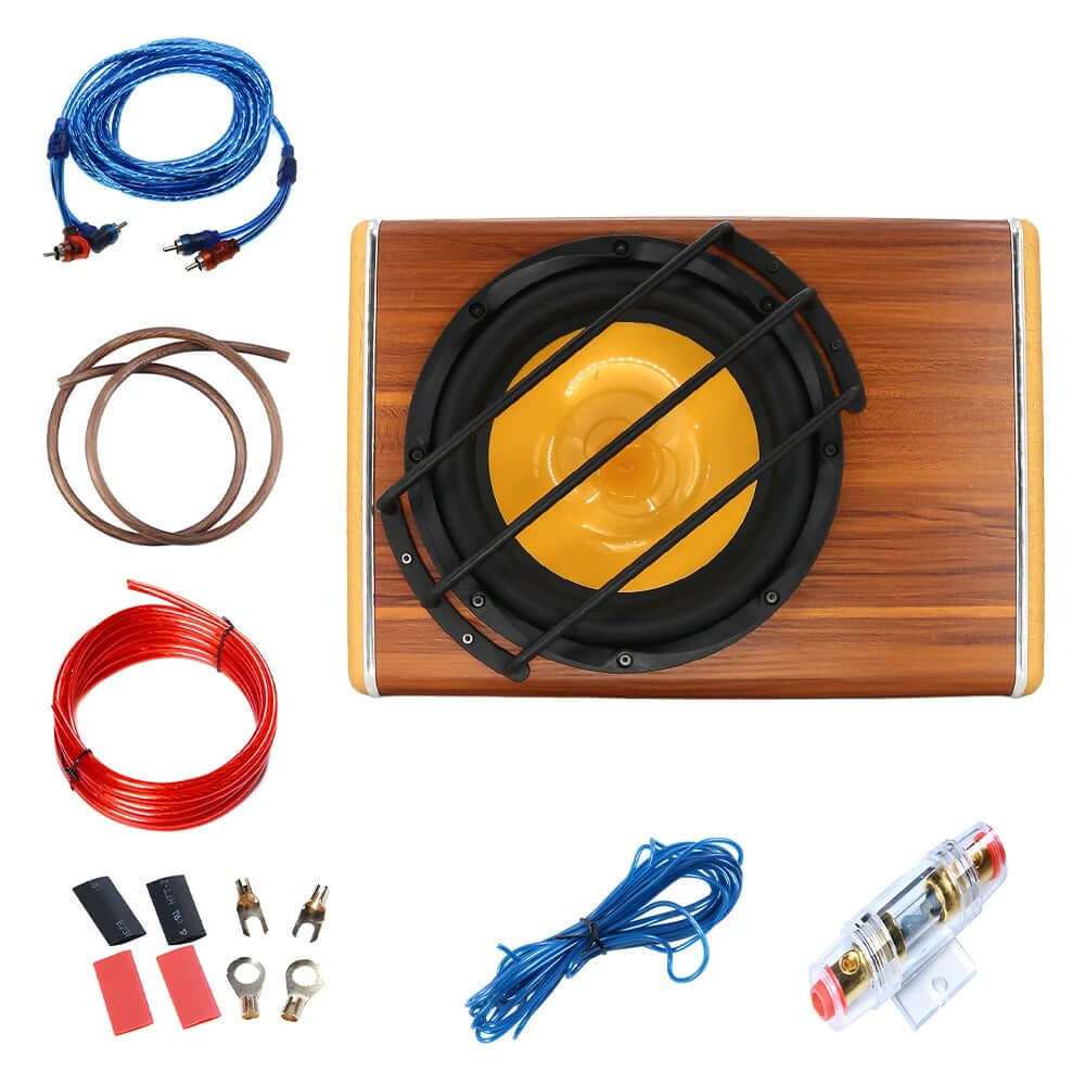Subwoofer til bil 200W RMS – bagagerum bas 3800W med tilbehør og kabler til installation.