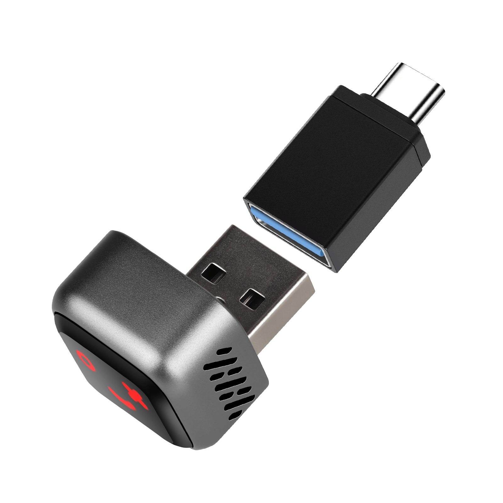 Mini bezdrôtový adaptér CarPlay & Android Auto (5.8GHz – Plug & Play) s konektormi USB a USB-C.
