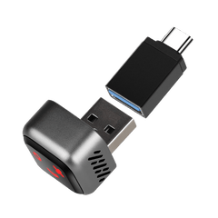 Mini bezdrôtový adaptér CarPlay & Android Auto (5.8GHz – Plug & Play) s konektormi USB a USB-C.