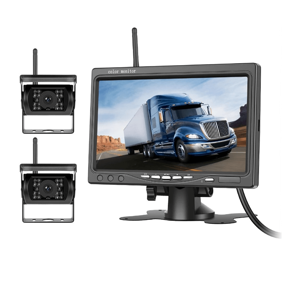 Bezdrôtový set cúvacej kamery so 7" IPS obrazovkou a 2 kamerami – 1080P AHD, monitorovanie pre nákladné vozidlá a väčšie vozidlá.