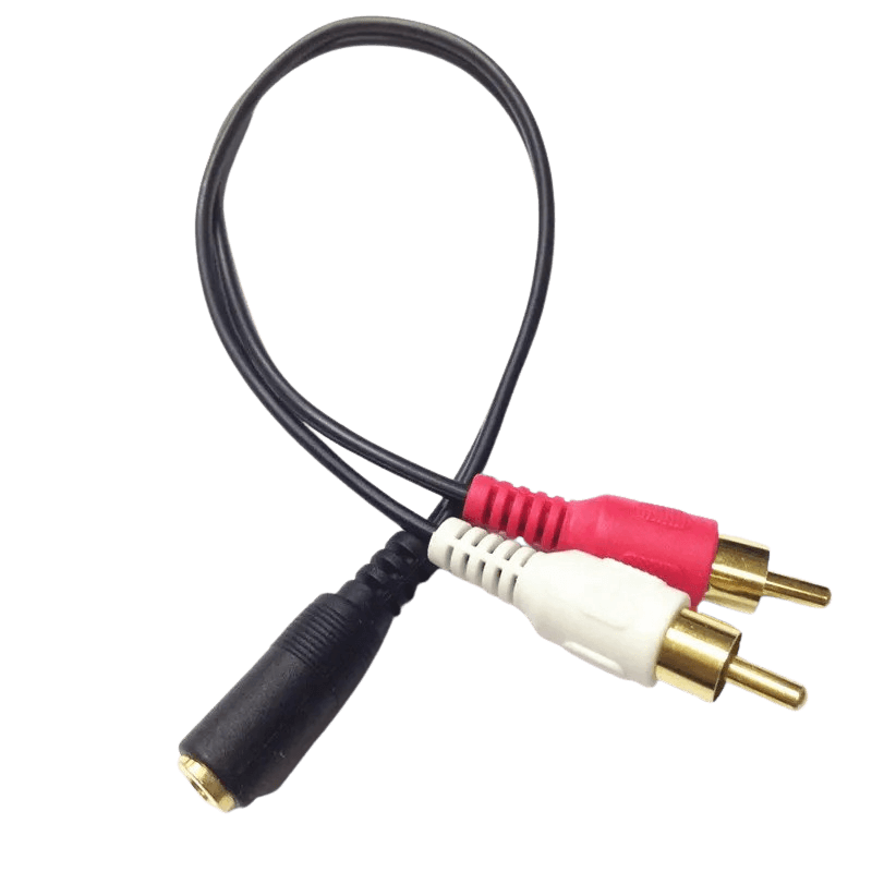 RCA na 3,5 mm AUX splitter – kábel samec (červený/biely) na samicu (jack) pre audio pripojenie.