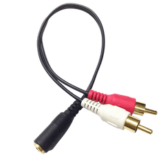 RCA na 3,5 mm AUX splitter – kábel samec (červený/biely) na samicu (jack) pre audio pripojenie.