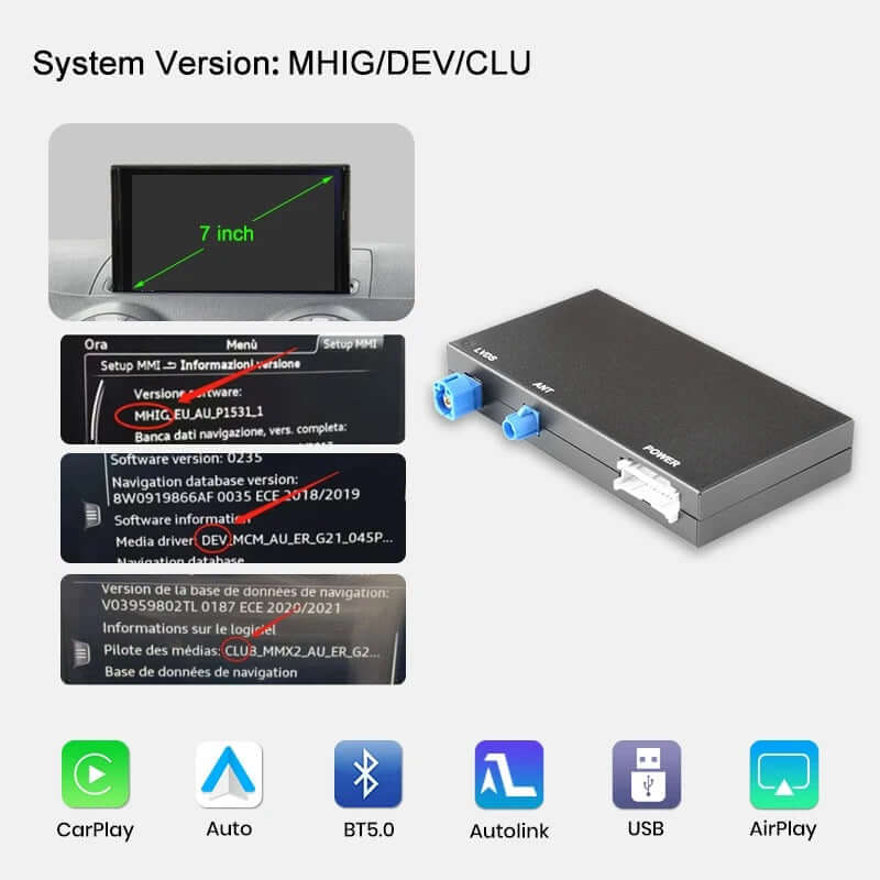 Trådløs Apple CarPlay & Android Auto til Audi A3 og Q2 (2012–2020) – Original skærm med 7 tommers skærm.