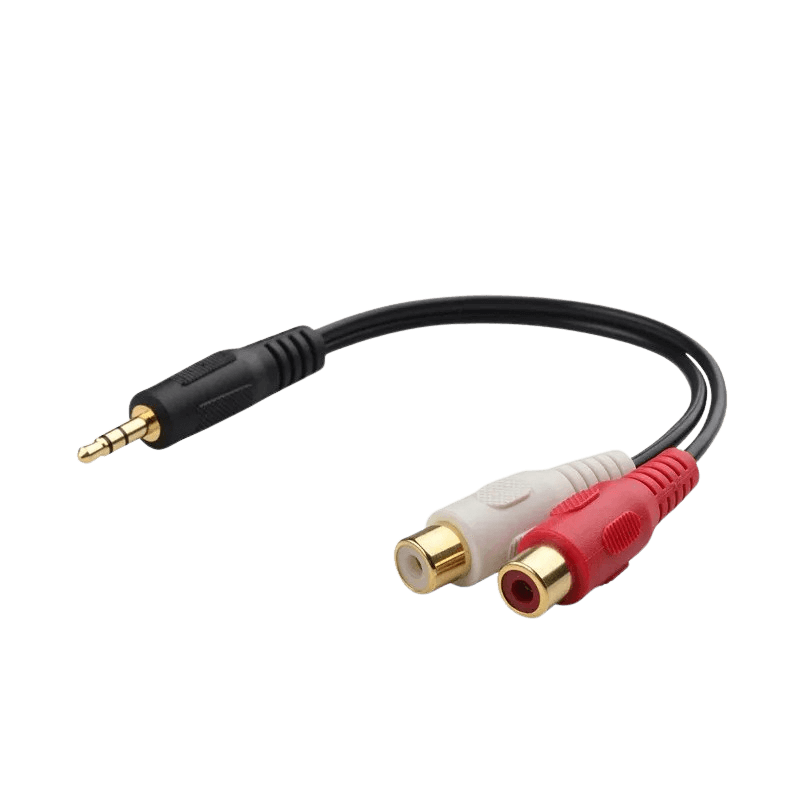 3,5 mm AUX jack (samec) na RCA (samica) rozbočovač s 1 jack konektorom a 2 RCA konektormi