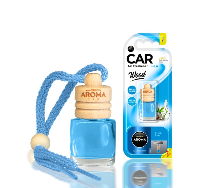 Aroma Car Wood Fresh Linen biluftfrisker med glasflaske og træprop